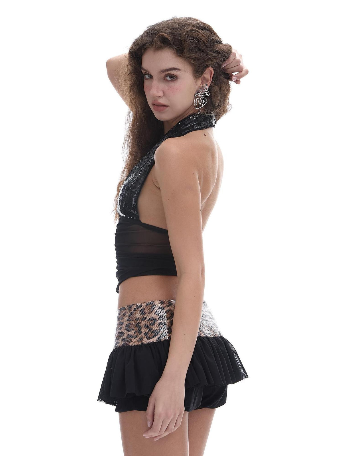 START THE ENGINE Sequin Halter Mesh Open Back V-neck Women's Polyester Tank Tops