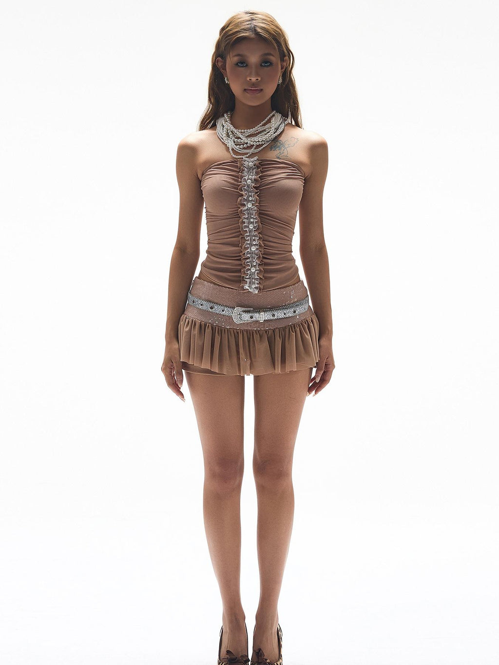 START THE ENGINE Sequin Mesh Spliced Low Waist Flared Women's Polyester Mini Skirts