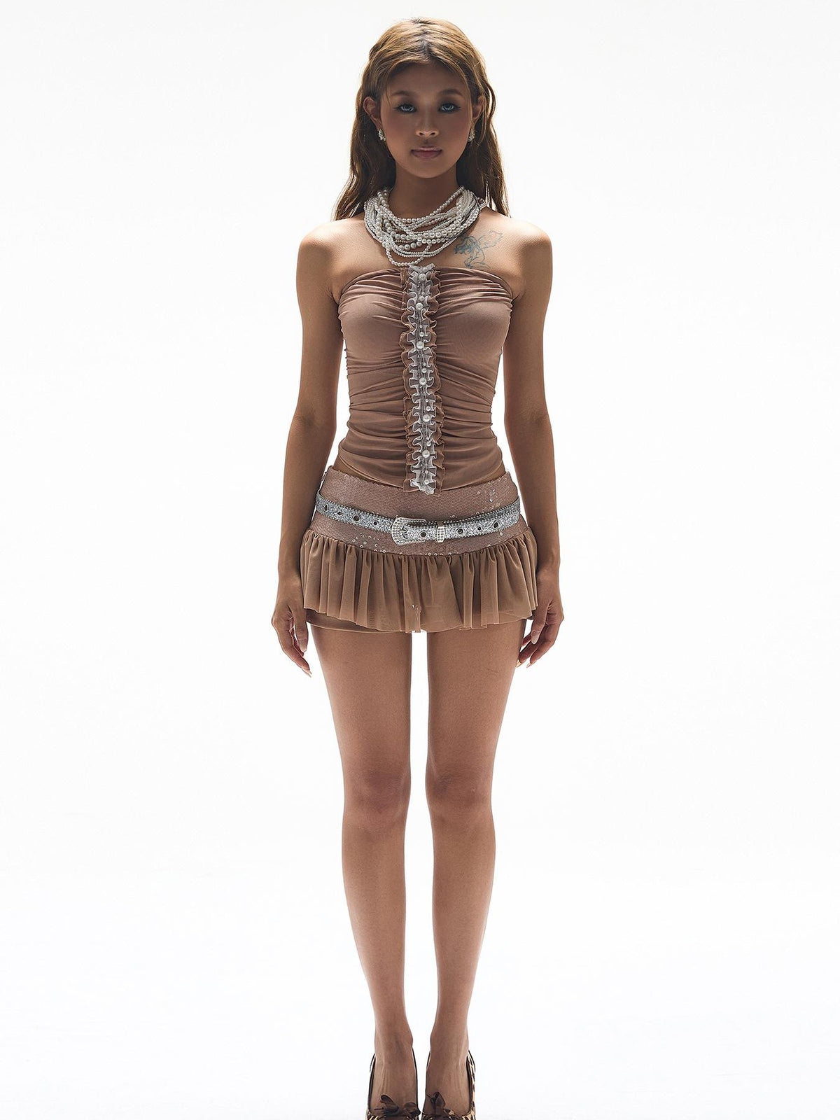 START THE ENGINE Sequin Mesh Spliced Low Waist Flared Women's Polyester Mini Skirts