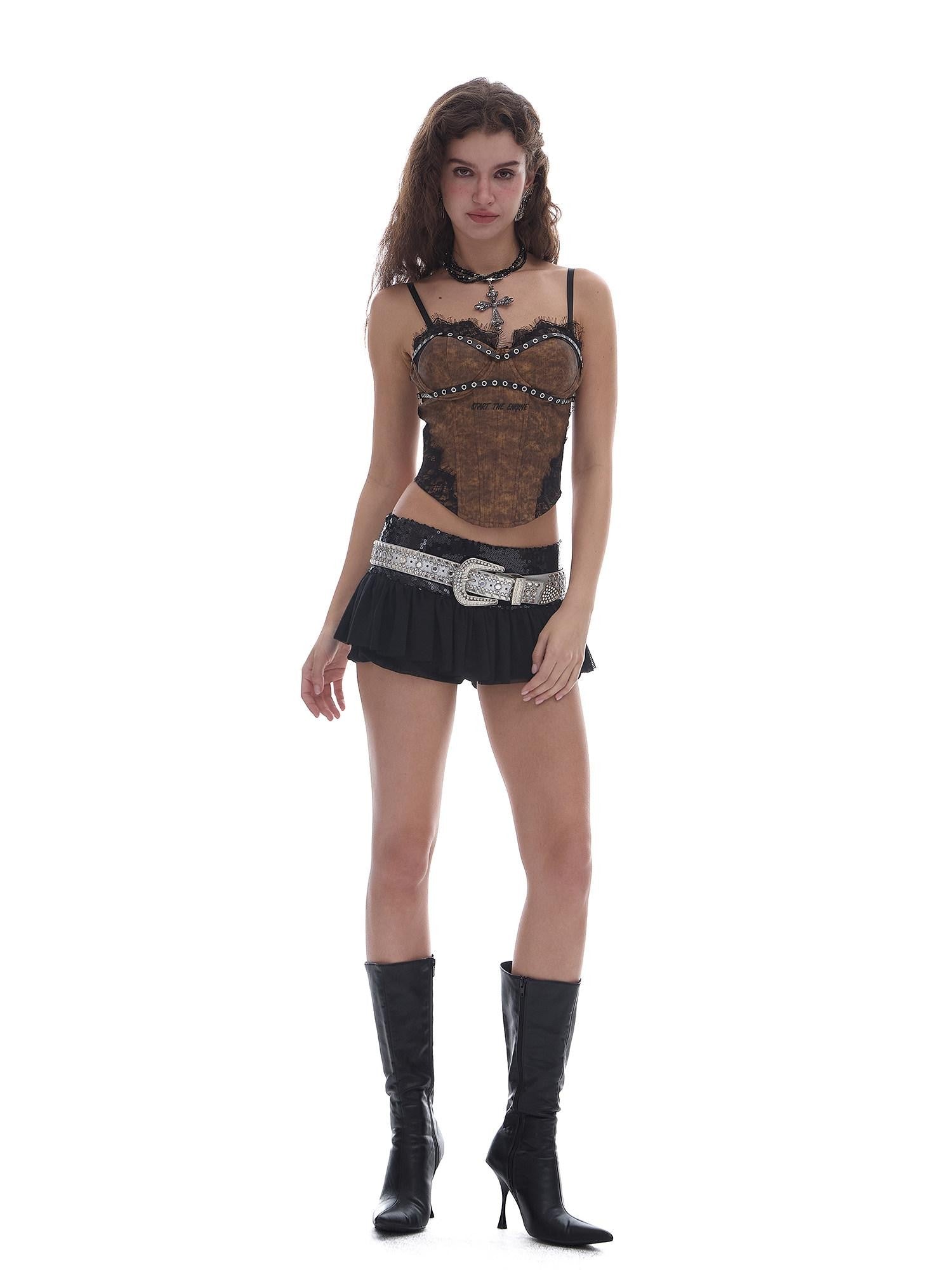 START THE ENGINE Sequin Mesh Tulle Low Waist Puff A Line Women's Polyester Mini Skirts