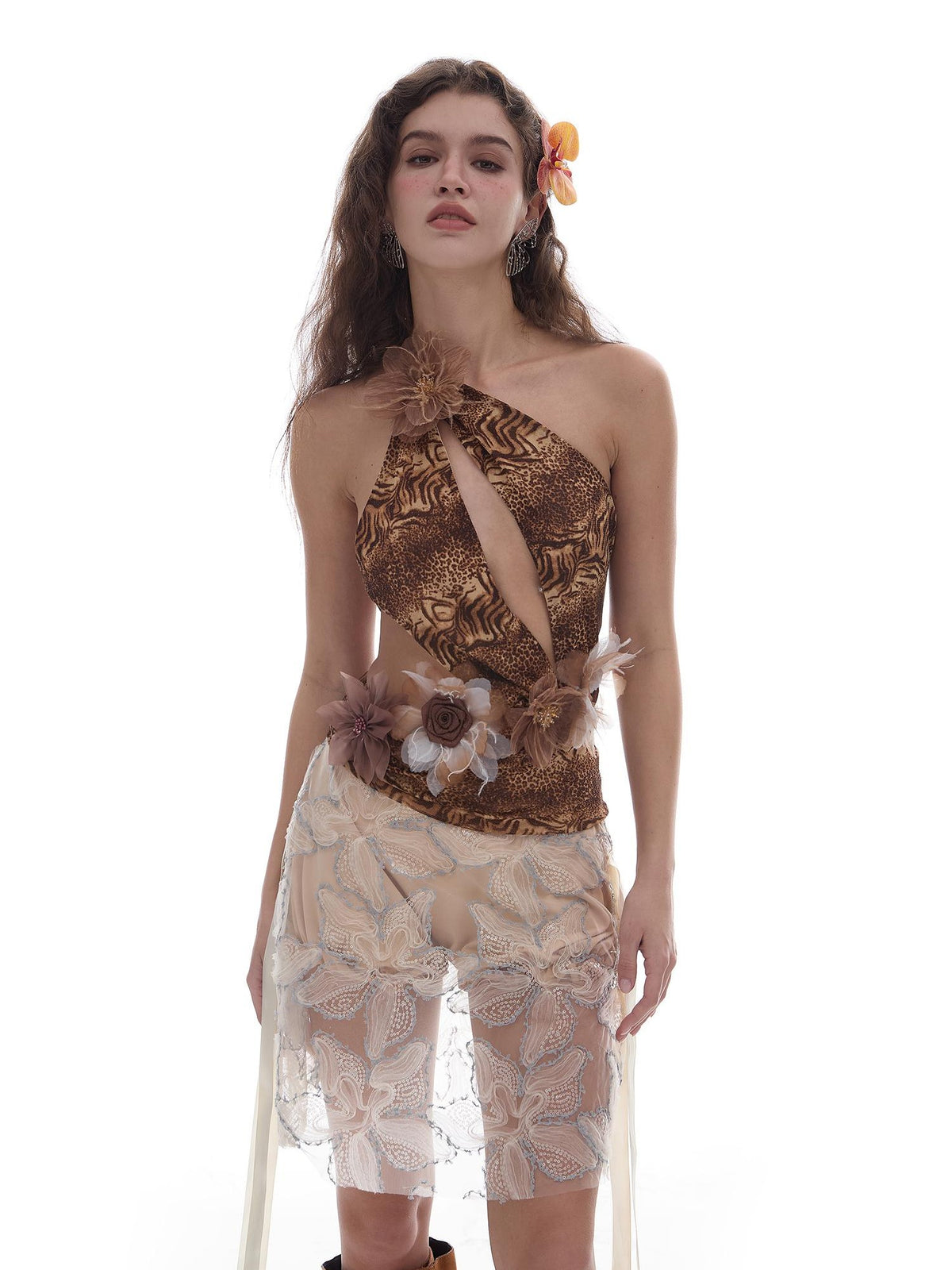 START THE ENGINE Sequin Petal Lace Tulle Ruched Floral A Line Low Waist Women's Polyester Mini Skirts