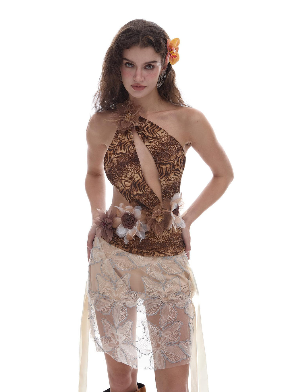 START THE ENGINE Sequin Petal Lace Tulle Ruched Floral A Line Low Waist Women's Polyester Mini Skirts