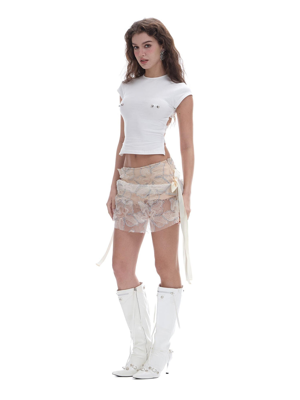 START THE ENGINE Sequin Petal Lace Tulle Ruched Floral A Line Low Waist Women's Polyester Mini Skirts