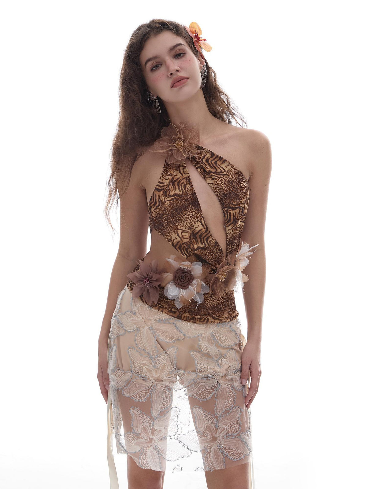 START THE ENGINE Sequin Petal Lace Tulle Ruched Floral A Line Low Waist Women's Polyester Mini Skirts