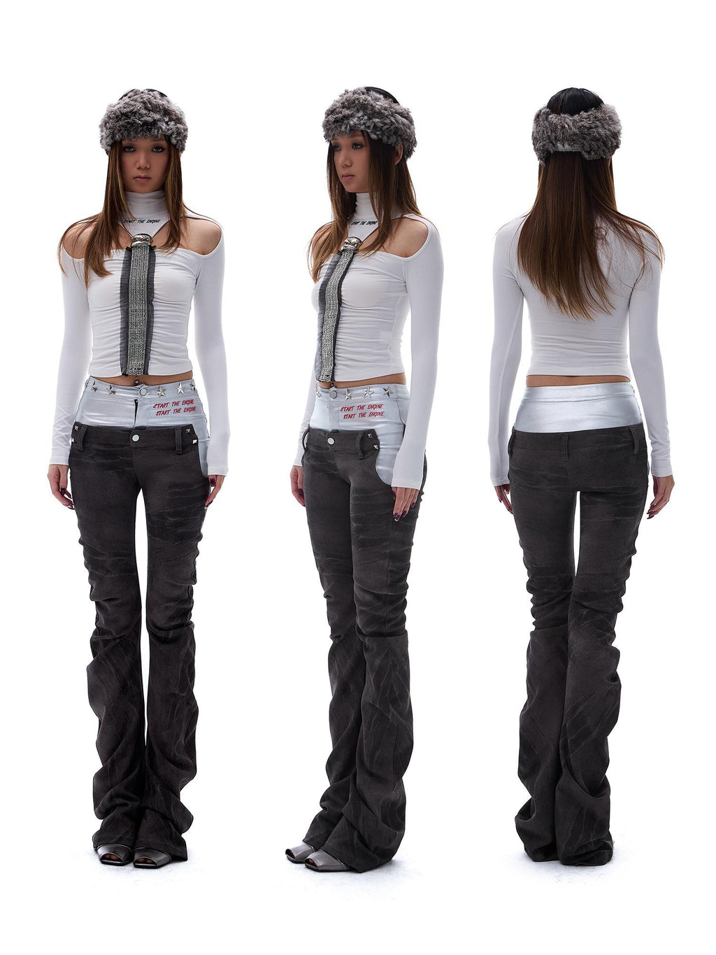 START THE ENGINE Sequin Print Off Shoulder High Neck Slim Fit Cotton Women's Long Sleeve T-shirts