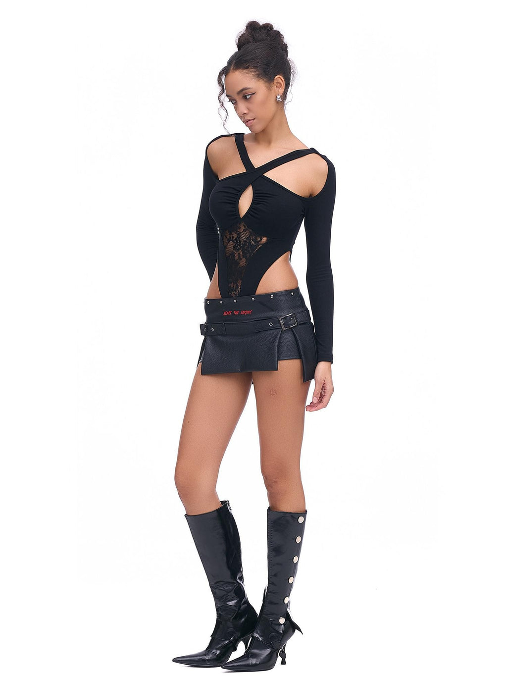 START THE ENGINE Sexy Low Waist Slit Leg Lengthening Slimming Women's Pu Leather Skorts