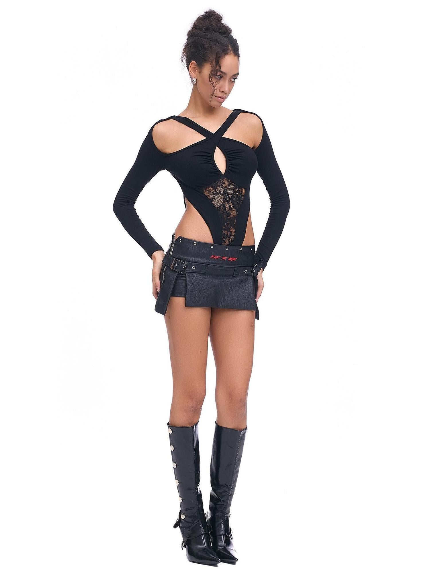 START THE ENGINE Sexy Low Waist Slit Leg Lengthening Slimming Women's Pu Leather Skorts