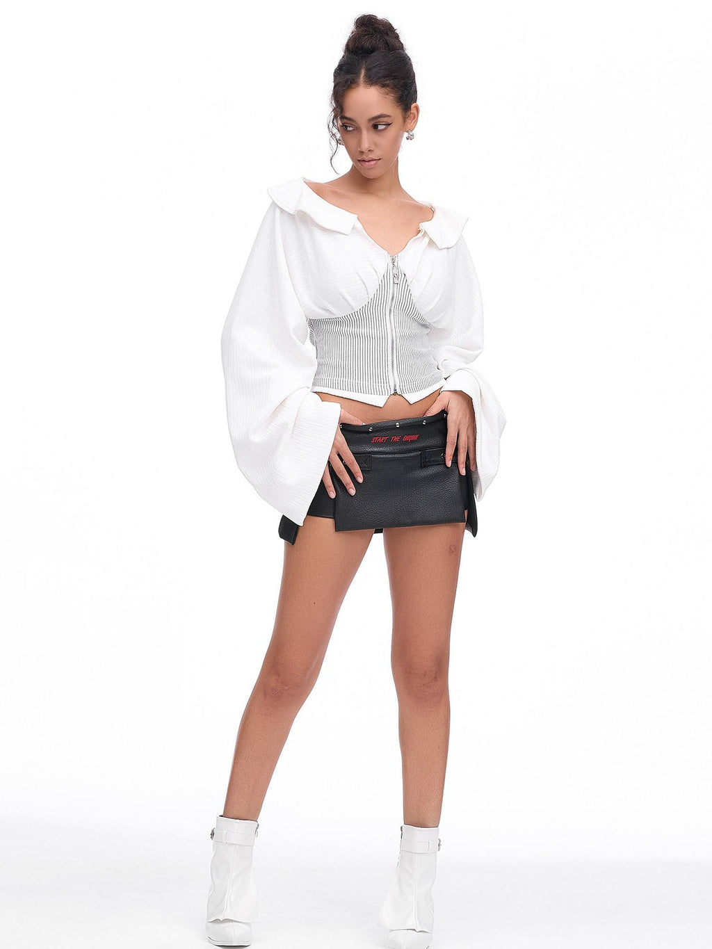 START THE ENGINE Sexy Low Waist Slit Leg Lengthening Slimming Women's Pu Leather Skorts