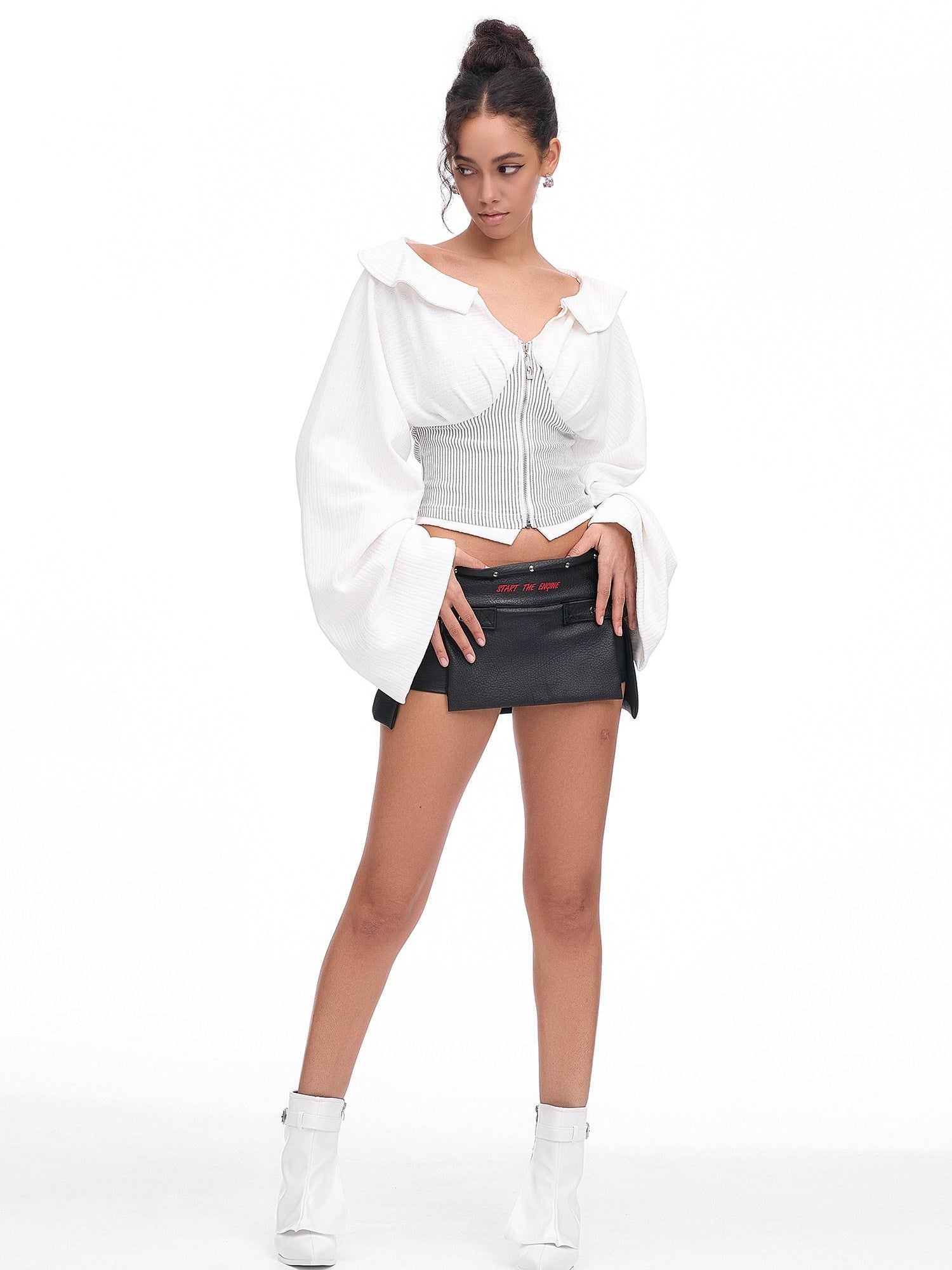 START THE ENGINE Sexy Low Waist Slit Leg Lengthening Slimming Women's Pu Leather Skorts