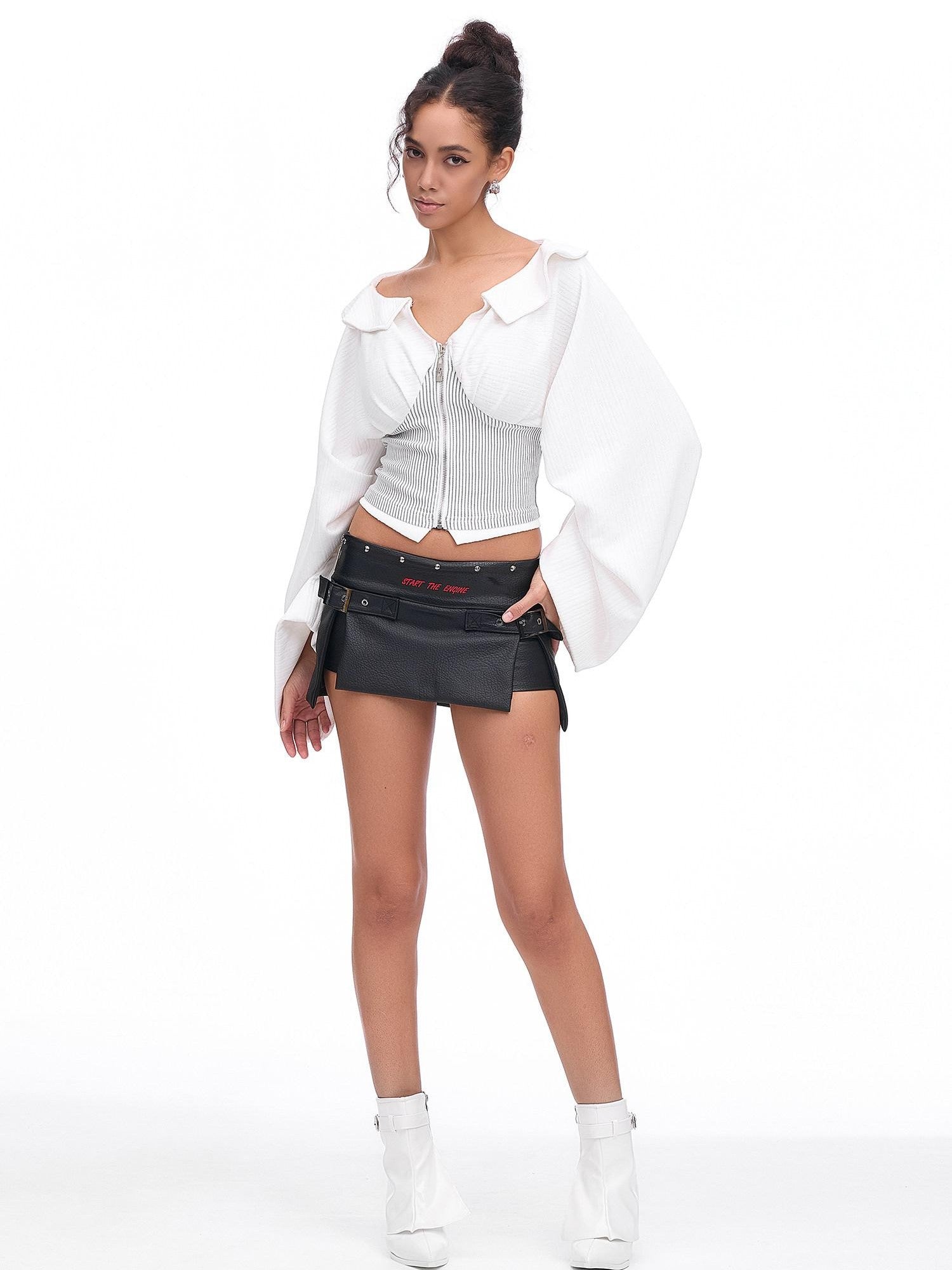 START THE ENGINE Sexy Low Waist Slit Leg Lengthening Slimming Women's Pu Leather Skorts