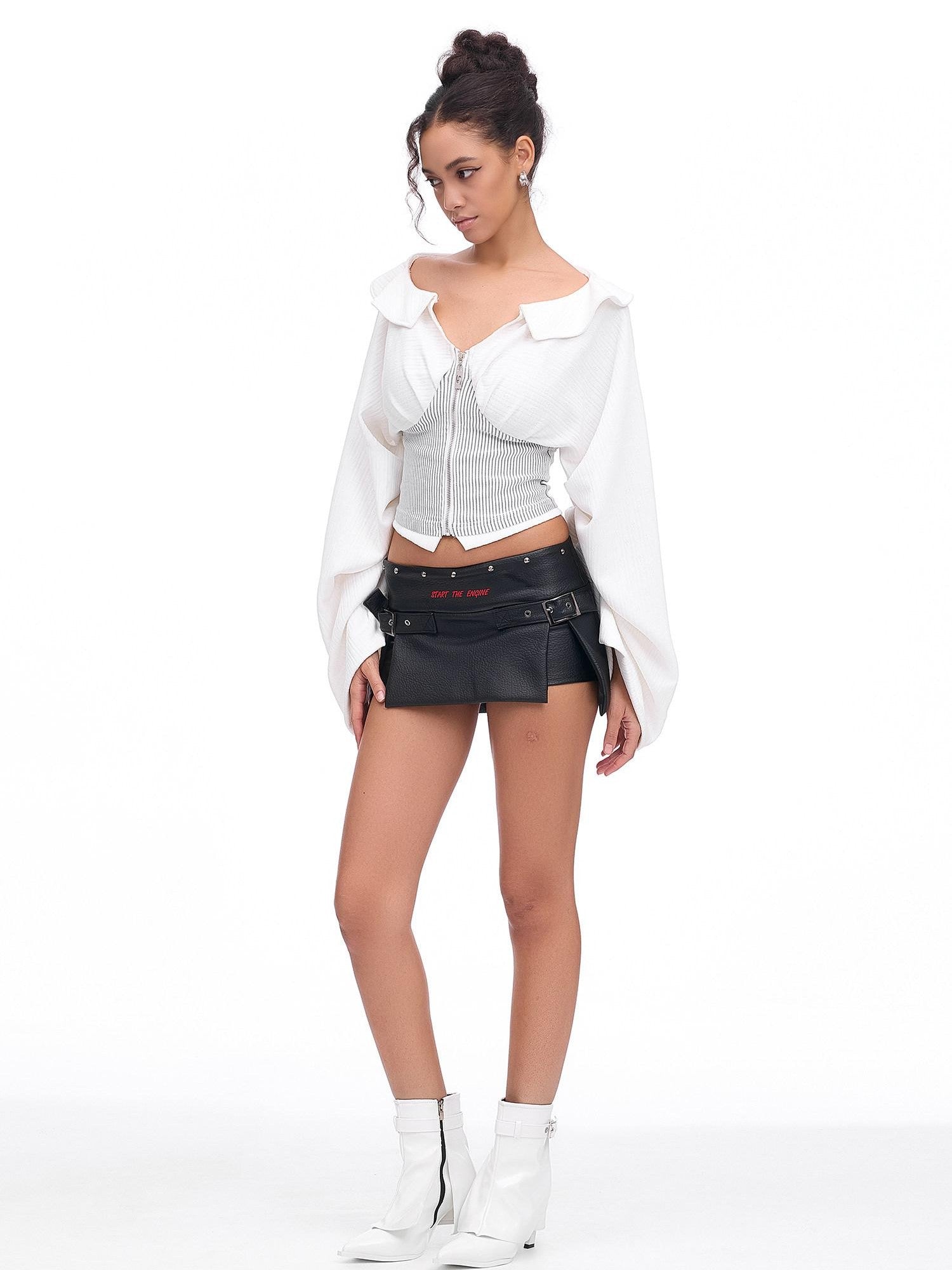 START THE ENGINE Sexy Low Waist Slit Leg Lengthening Slimming Women's Pu Leather Skorts