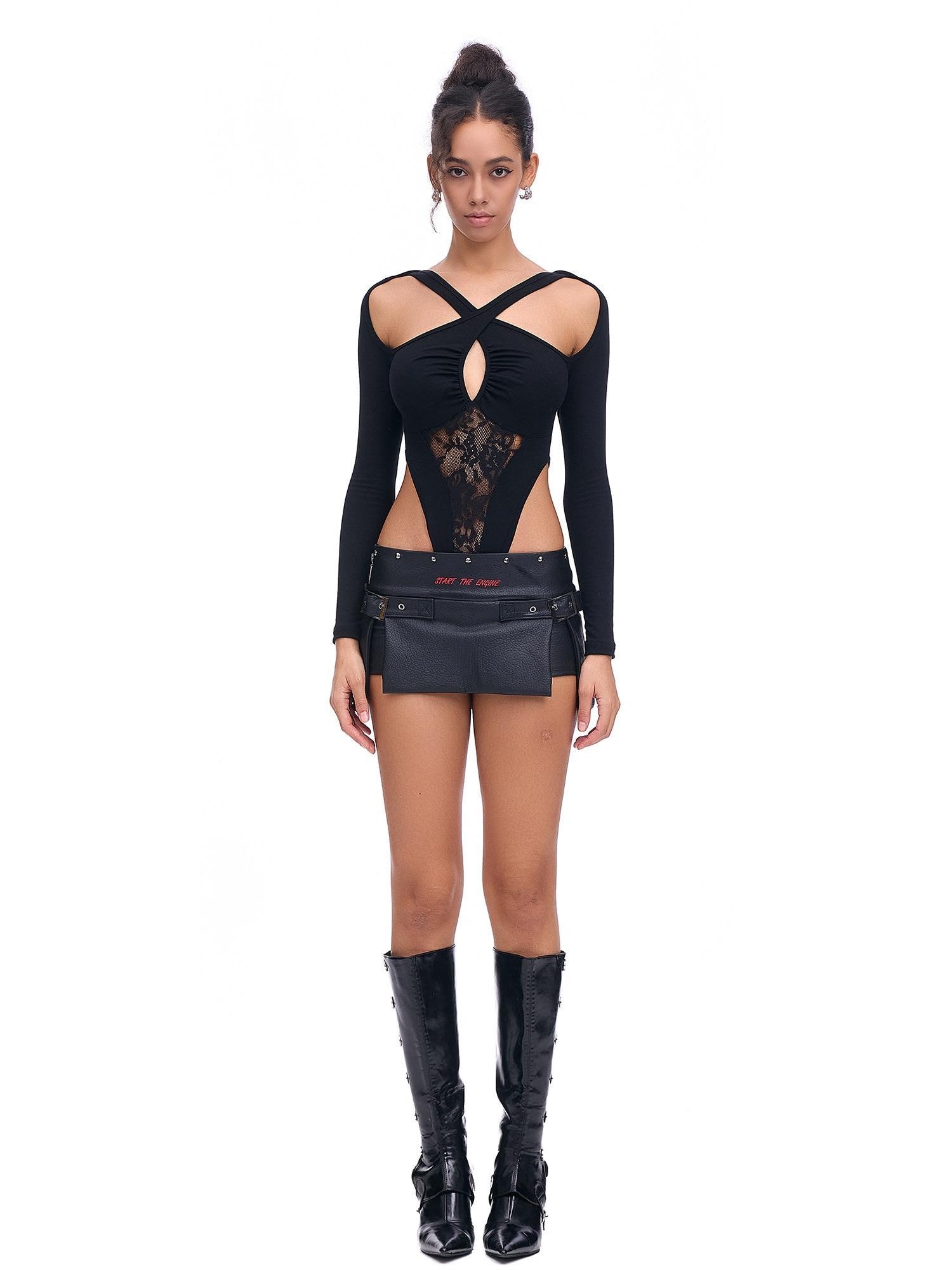 START THE ENGINE Sexy Low Waist Slit Leg Lengthening Slimming Women's Pu Leather Skorts