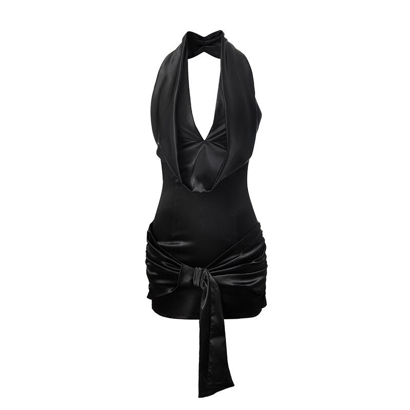 START_THE_ENGINE_Sexy_Pleated_Waist_Cinched_Bodycon_Halter_Women's_Polyester_Halter_Mini_Dresses_893858295916_MISSTT