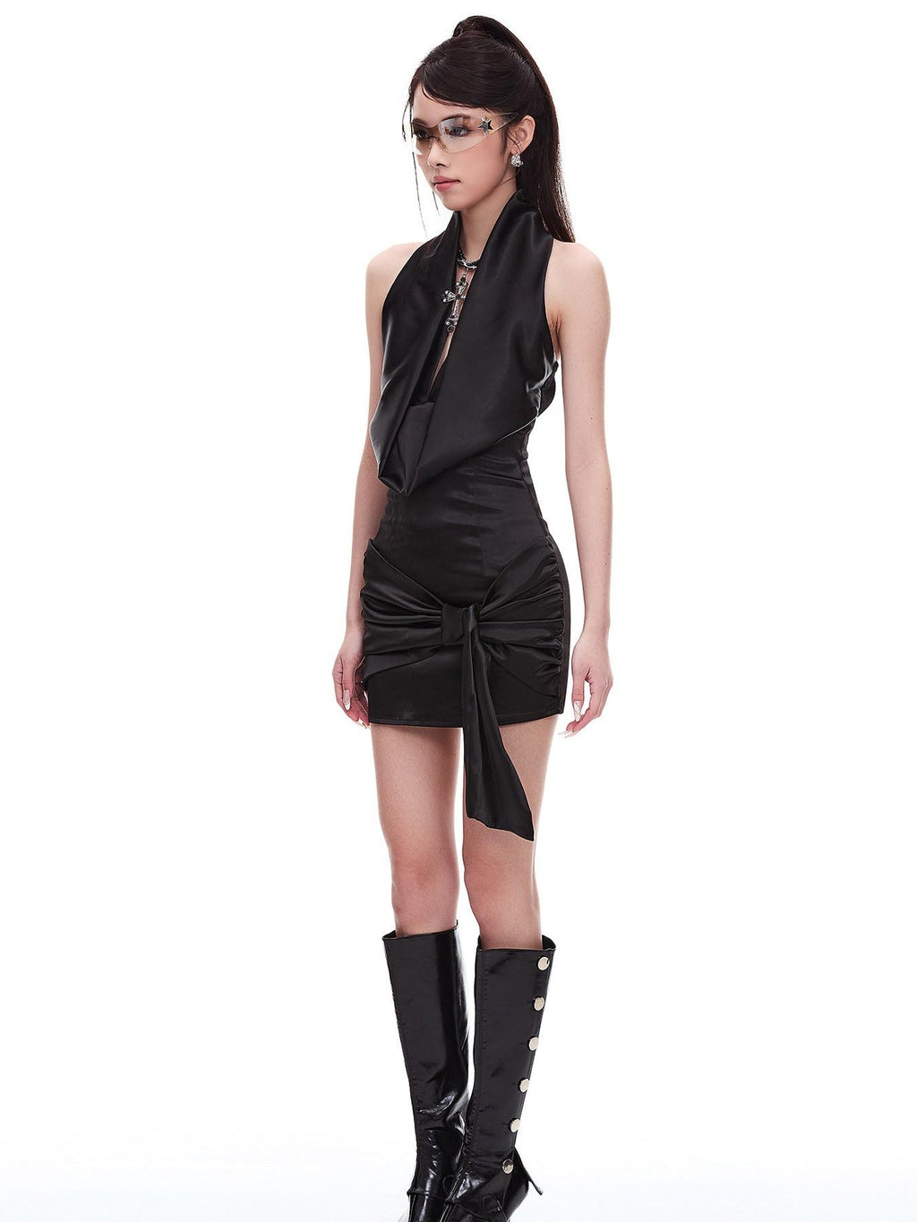 START THE ENGINE Sexy Pleated Waist Cinched Bodycon Halter Women's Polyester Halter Mini Dresses