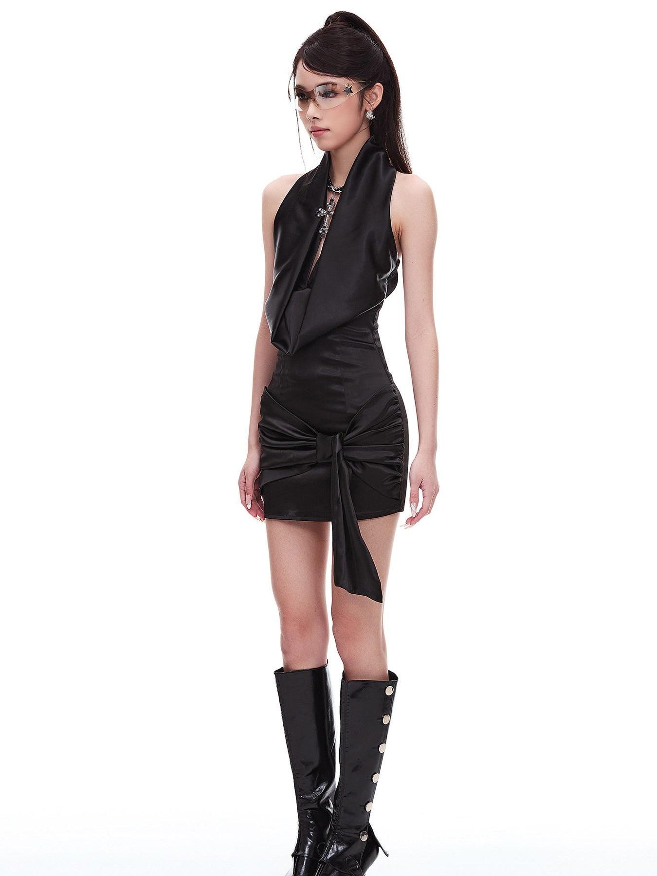 START THE ENGINE Sexy Pleated Waist Cinched Bodycon Halter Women's Polyester Halter Mini Dresses