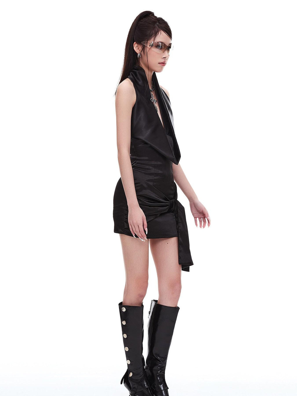 START THE ENGINE Sexy Pleated Waist Cinched Bodycon Halter Women's Polyester Halter Mini Dresses