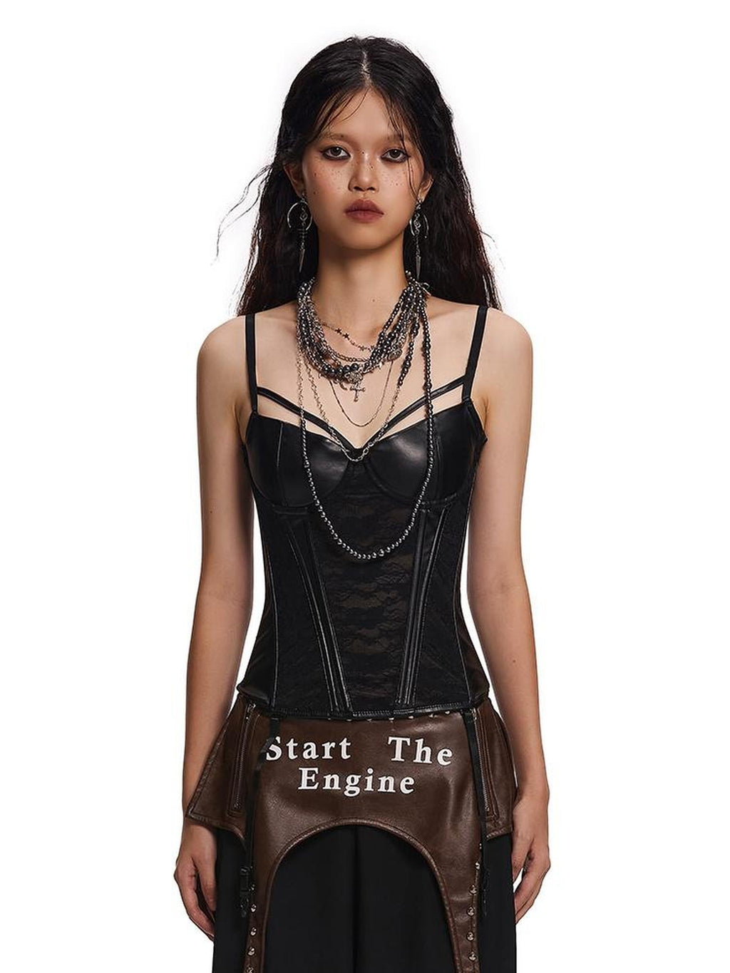 START THE ENGINE Sheer Lace Pu Leather Corset Bustier Women's Slim Fit Camisoles