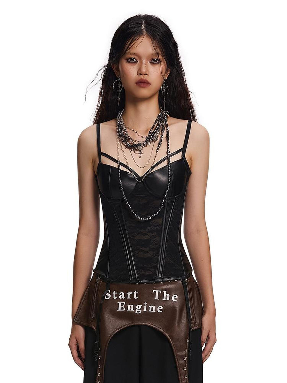START THE ENGINE Sheer Lace Pu Leather Corset Bustier Women's Slim Fit Camisoles