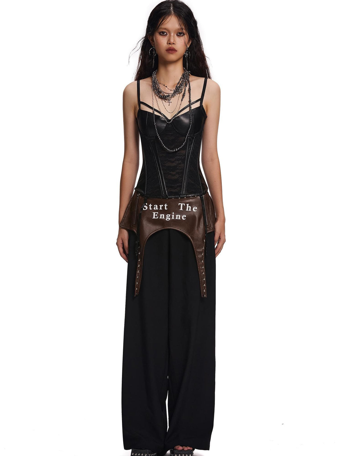 START THE ENGINE Sheer Lace Pu Leather Corset Bustier Women's Slim Fit Camisoles
