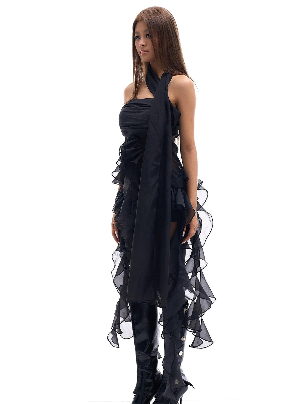 START THE ENGINE Sheer Ruffle Halter Ribbon Tie Cropped Bandeau Women's Mesh Corset Tops