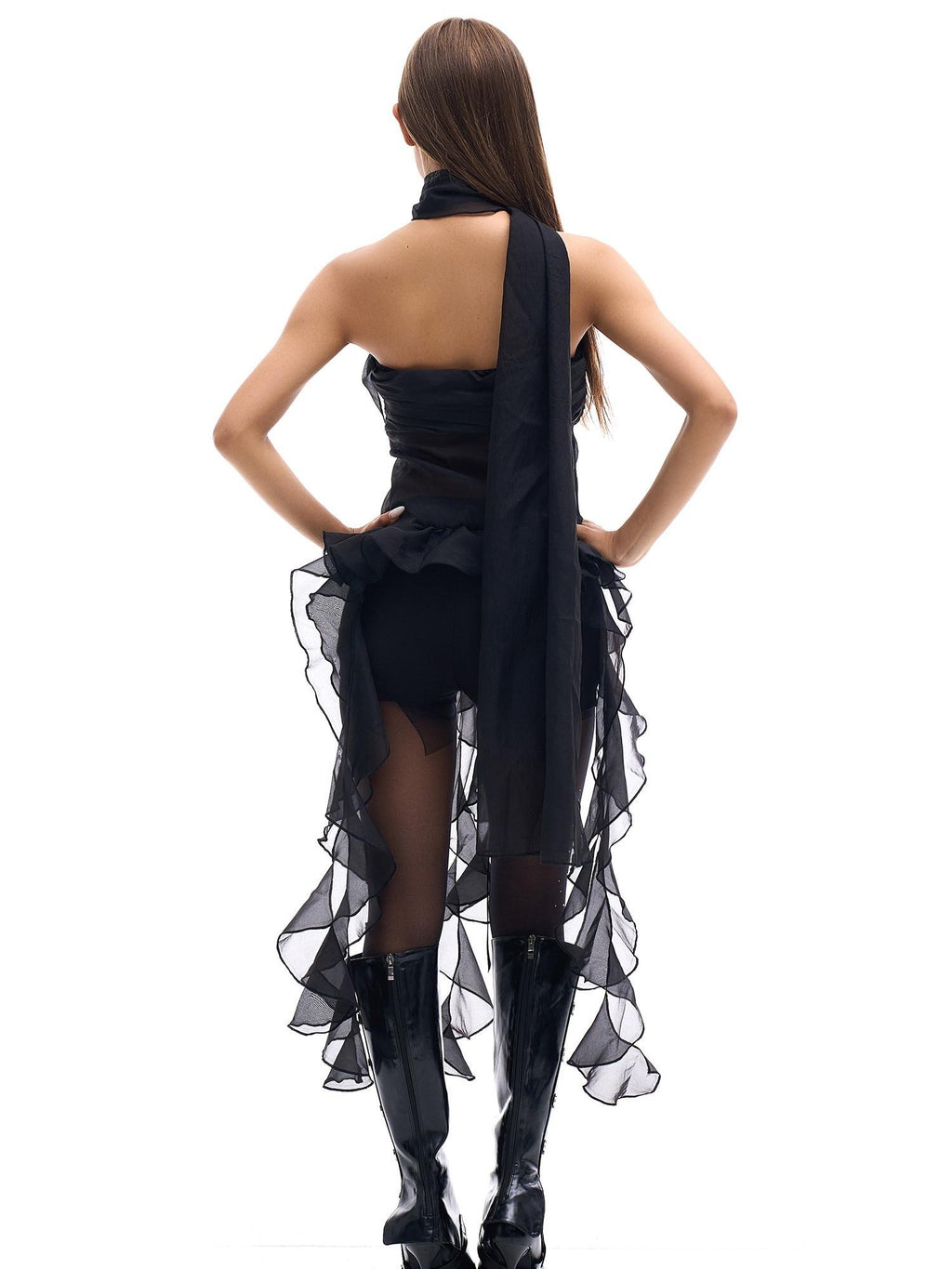 START THE ENGINE Sheer Ruffle Halter Ribbon Tie Cropped Bandeau Women's Mesh Corset Tops