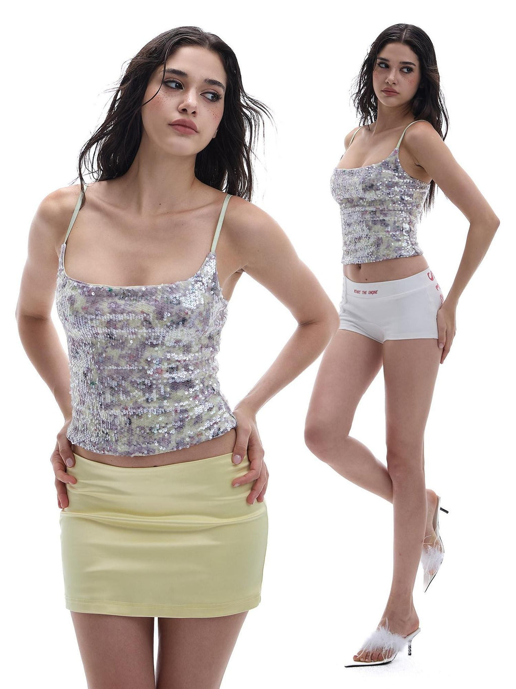 START THE ENGINE Shimmer Full Sequin Knit Slim Short U Neck Women's Polyester Camisoles