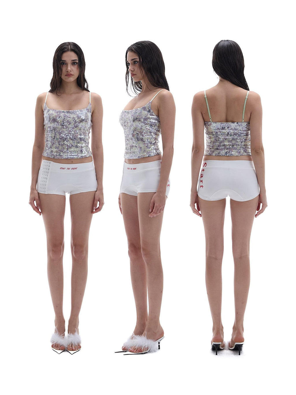 START THE ENGINE Shimmer Full Sequin Knit Slim Short U Neck Women's Polyester Camisoles