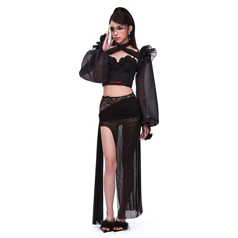 START_THE_ENGINE_Silver_Lace_High_Slit_Pleated_Slim_Fit_Women's_Polyester_Spandex_Maxi_Skirts_894135314039_MISSTT