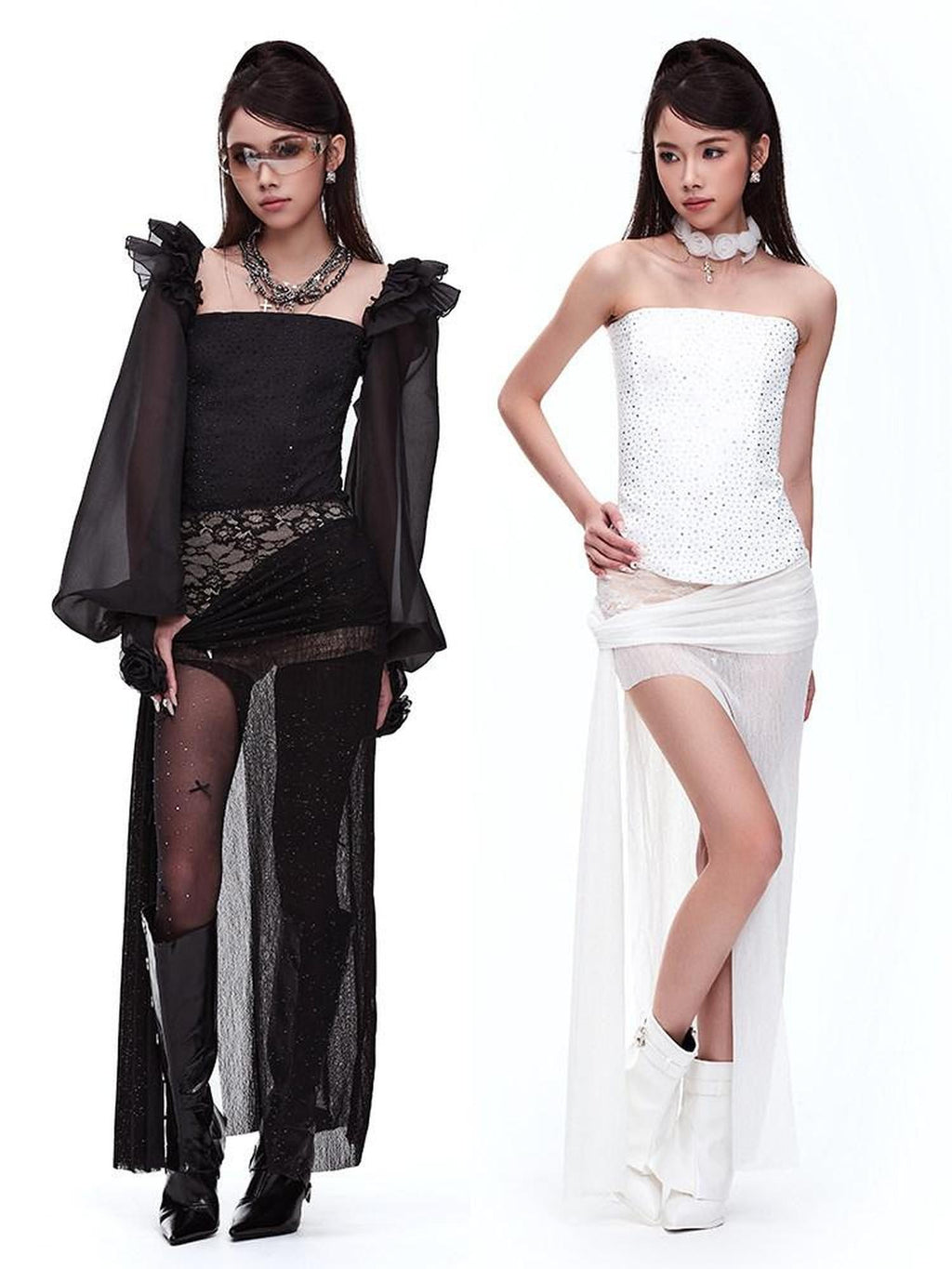 START THE ENGINE Silver Lace High Slit Pleated Slim Fit Women's Polyester Spandex Maxi Skirts