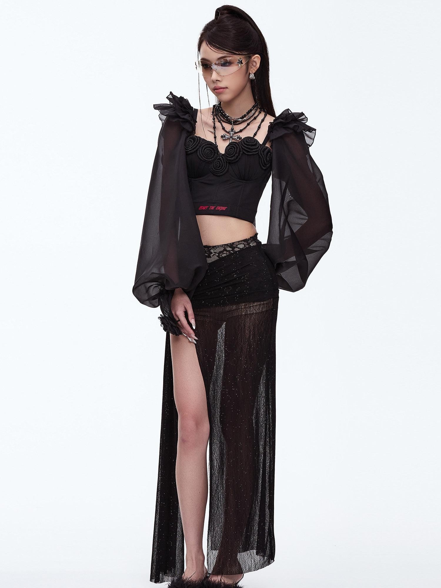 START THE ENGINE Silver Lace High Slit Pleated Slim Fit Women's Polyester Spandex Maxi Skirts