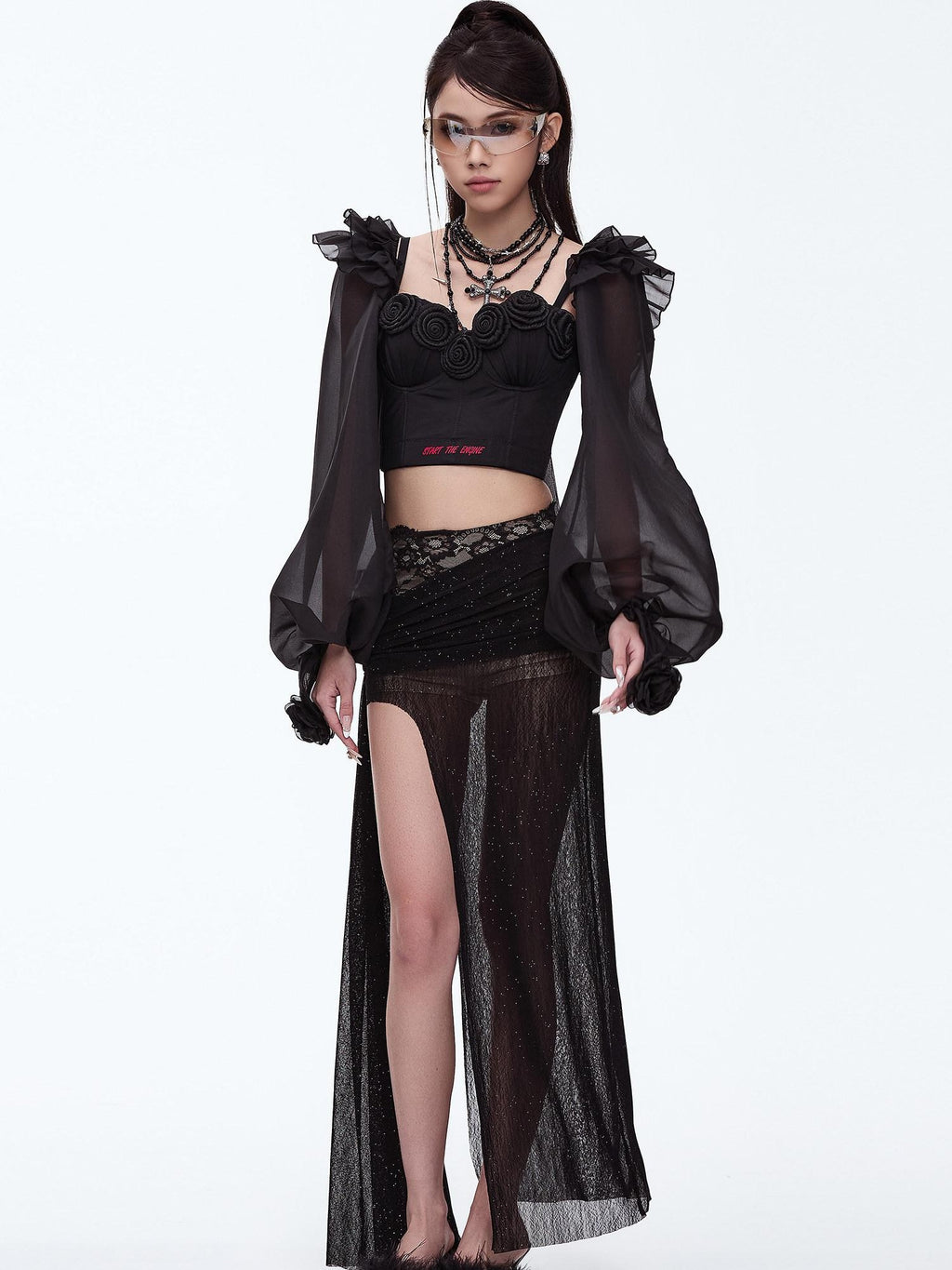 START THE ENGINE Silver Lace High Slit Pleated Slim Fit Women's Polyester Spandex Maxi Skirts