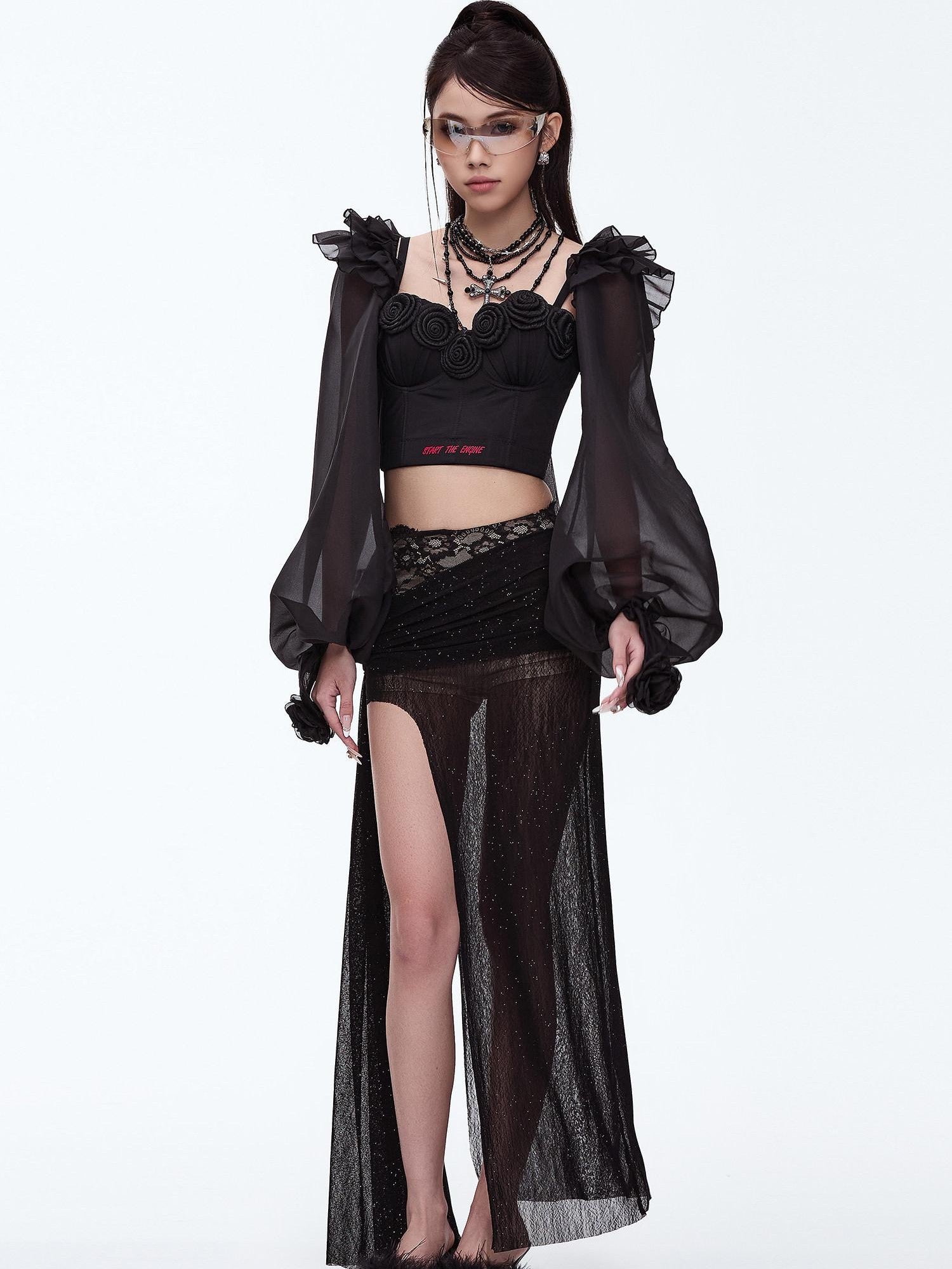 START THE ENGINE Silver Lace High Slit Pleated Slim Fit Women's Polyester Spandex Maxi Skirts