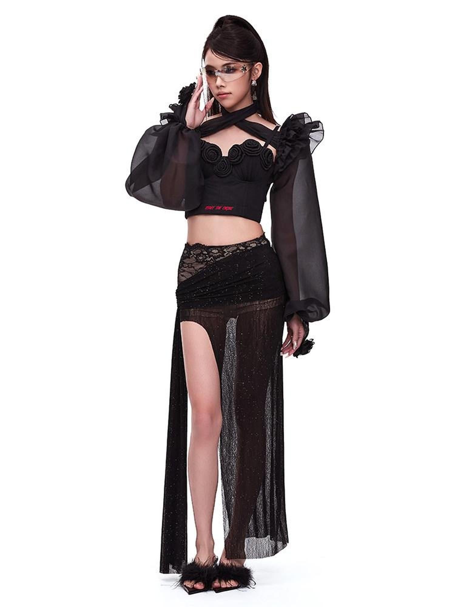 START THE ENGINE Silver Lace High Slit Pleated Slim Fit Women's Polyester Spandex Maxi Skirts