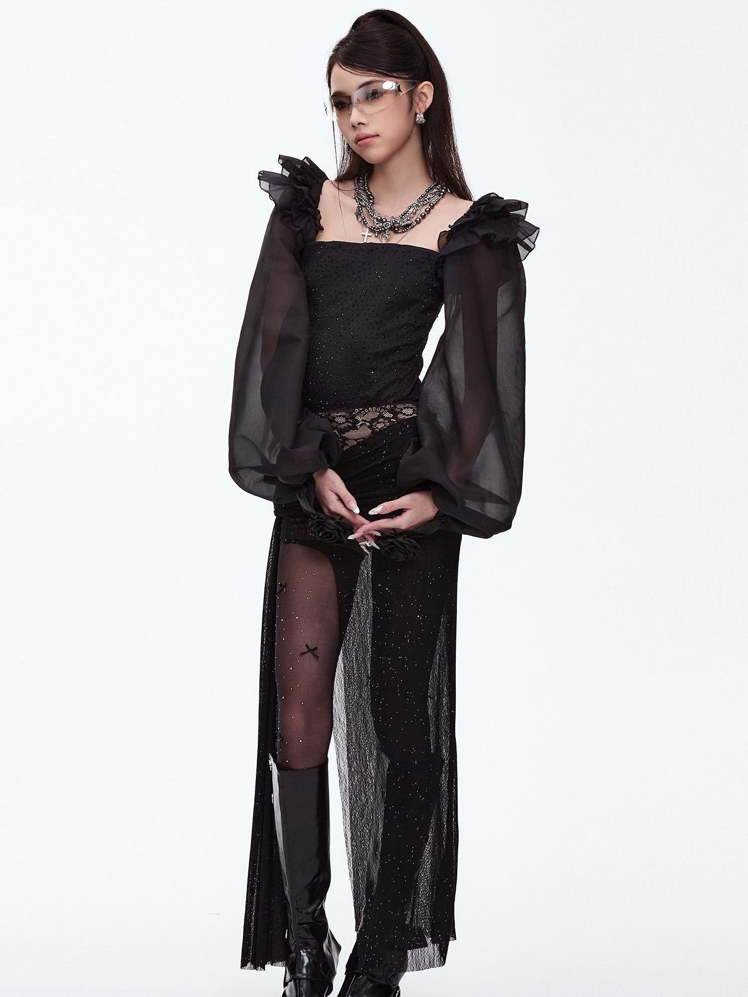 START THE ENGINE Silver Lace High Slit Pleated Slim Fit Women's Polyester Spandex Maxi Skirts