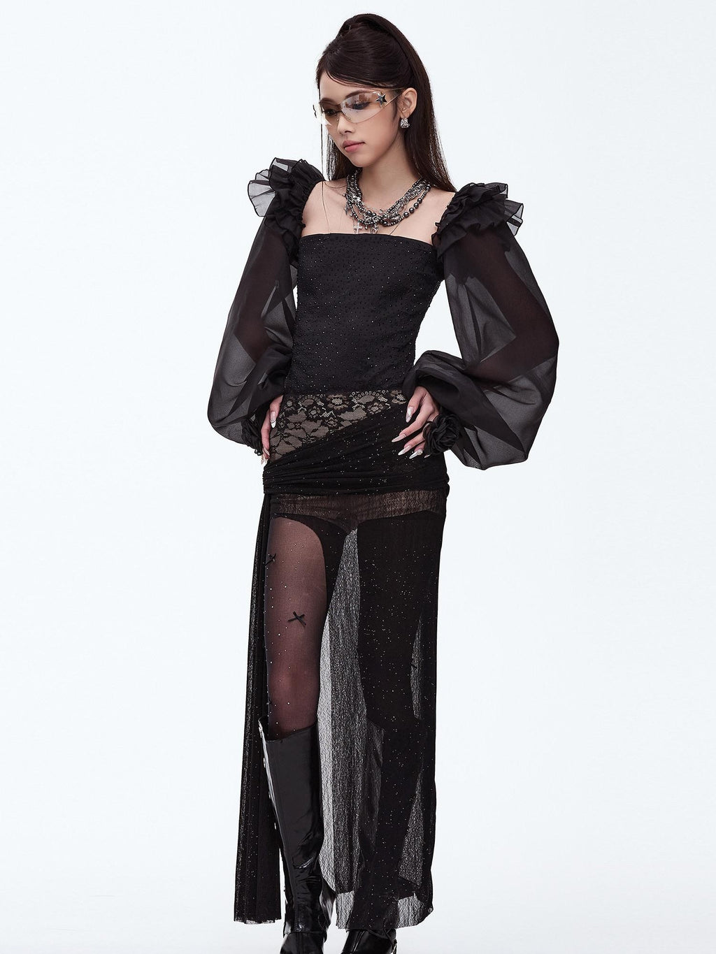 START THE ENGINE Silver Lace High Slit Pleated Slim Fit Women's Polyester Spandex Maxi Skirts