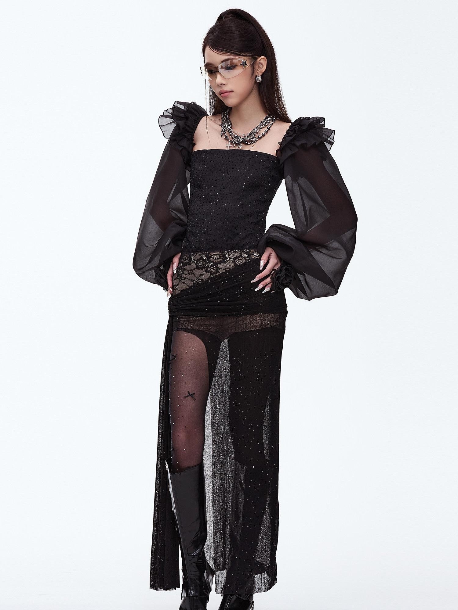 START THE ENGINE Silver Lace High Slit Pleated Slim Fit Women's Polyester Spandex Maxi Skirts