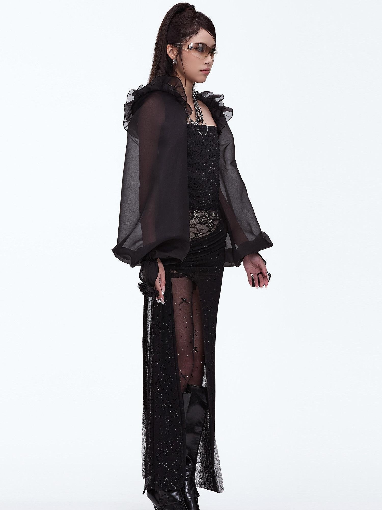 START THE ENGINE Silver Lace High Slit Pleated Slim Fit Women's Polyester Spandex Maxi Skirts