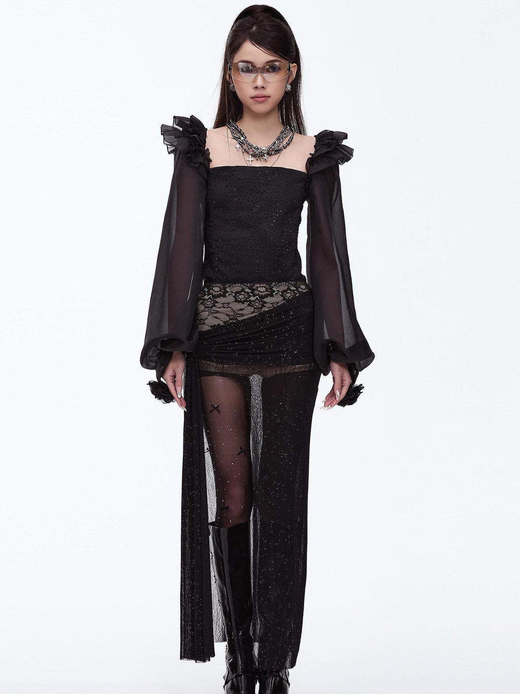 START THE ENGINE Silver Lace High Slit Pleated Slim Fit Women's Polyester Spandex Maxi Skirts