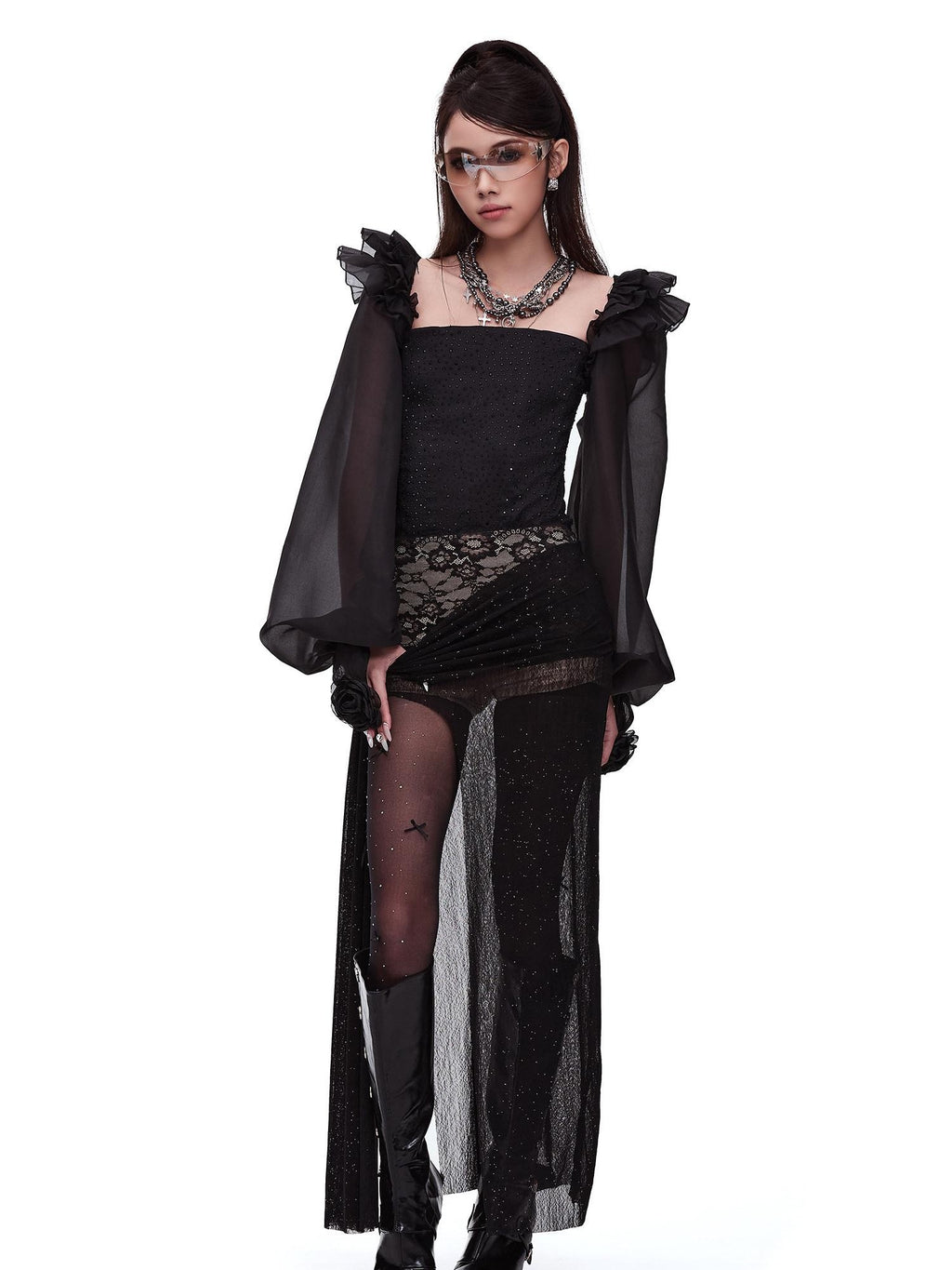 START THE ENGINE Silver Lace High Slit Pleated Slim Fit Women's Polyester Spandex Maxi Skirts