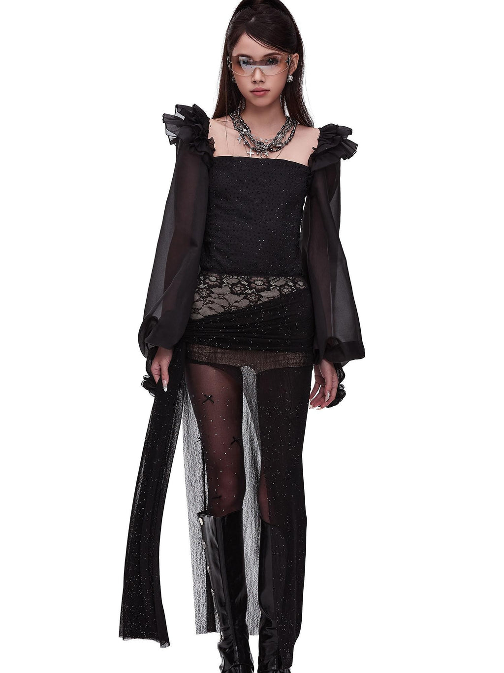 START THE ENGINE Silver Lace High Slit Pleated Slim Fit Women's Polyester Spandex Maxi Skirts