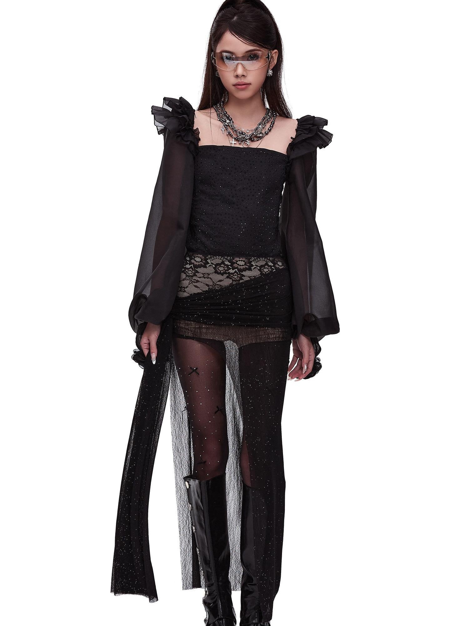START THE ENGINE Silver Lace High Slit Pleated Slim Fit Women's Polyester Spandex Maxi Skirts