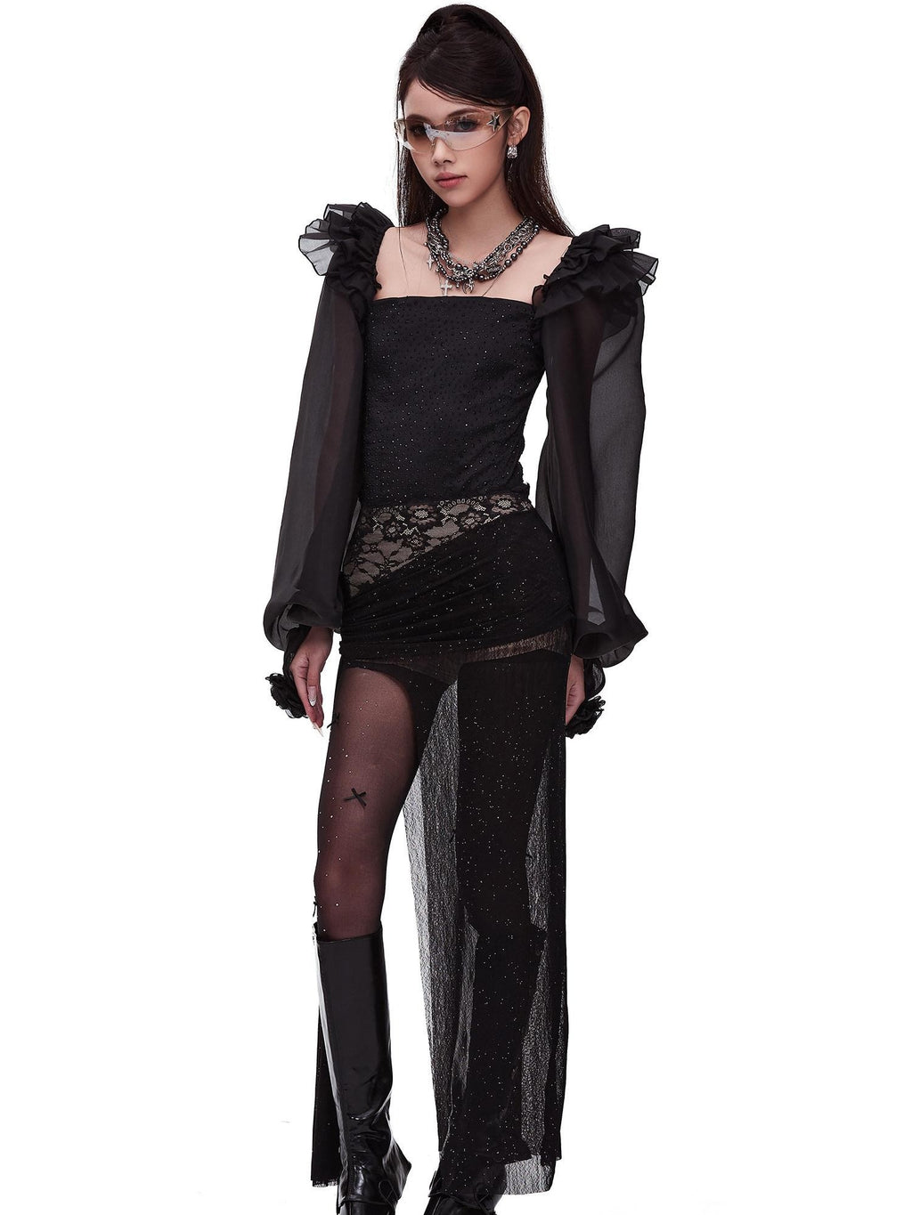 START THE ENGINE Silver Lace High Slit Pleated Slim Fit Women's Polyester Spandex Maxi Skirts