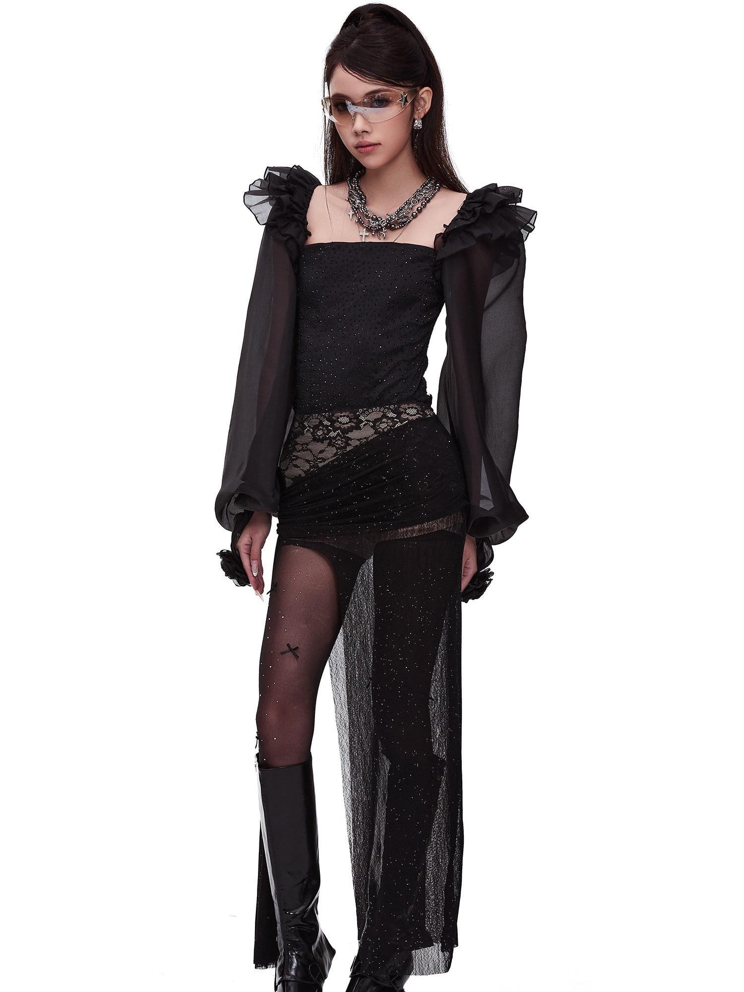 START THE ENGINE Silver Lace High Slit Pleated Slim Fit Women's Polyester Spandex Maxi Skirts