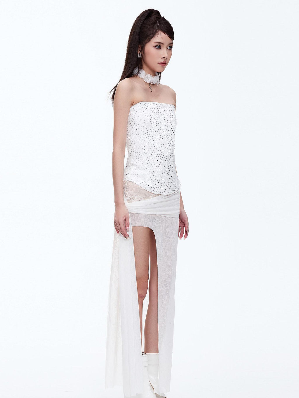 START THE ENGINE Silver Lace High Slit Pleated Slim Fit Women's Polyester Spandex Maxi Skirts