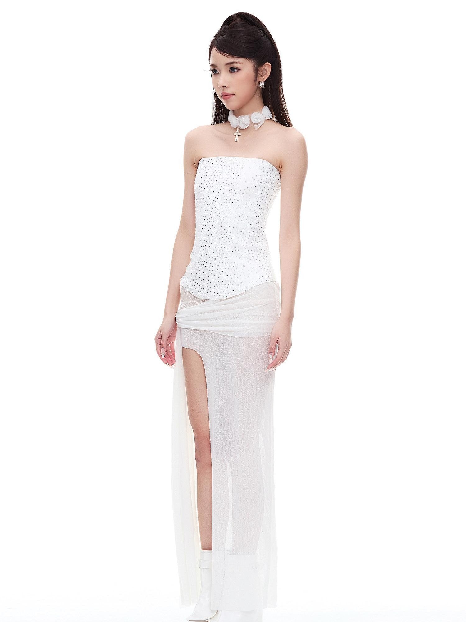 START THE ENGINE Silver Lace High Slit Pleated Slim Fit Women's Polyester Spandex Maxi Skirts