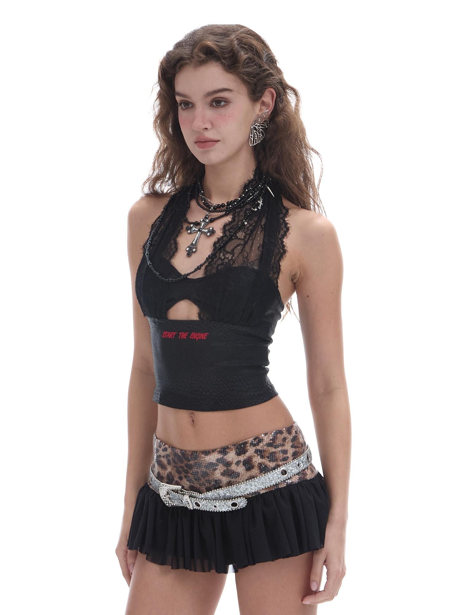 START THE ENGINE Snake Print Halter Deep V Cutout Back Women's Lace Tank Tops