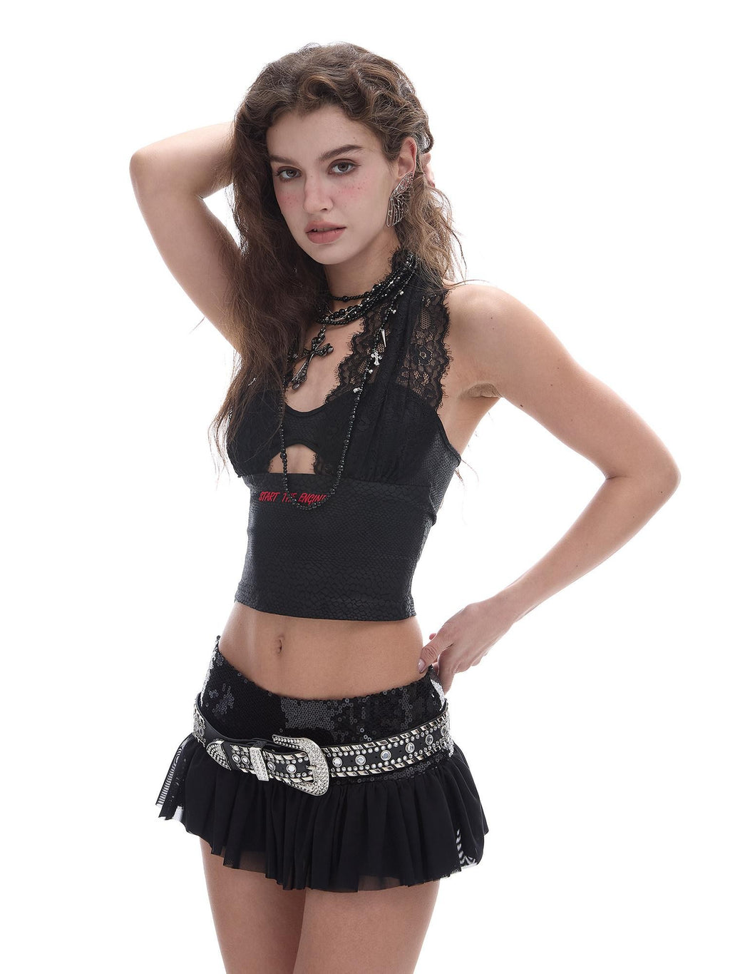 START THE ENGINE Snake Print Halter Deep V Cutout Back Women's Lace Tank Tops