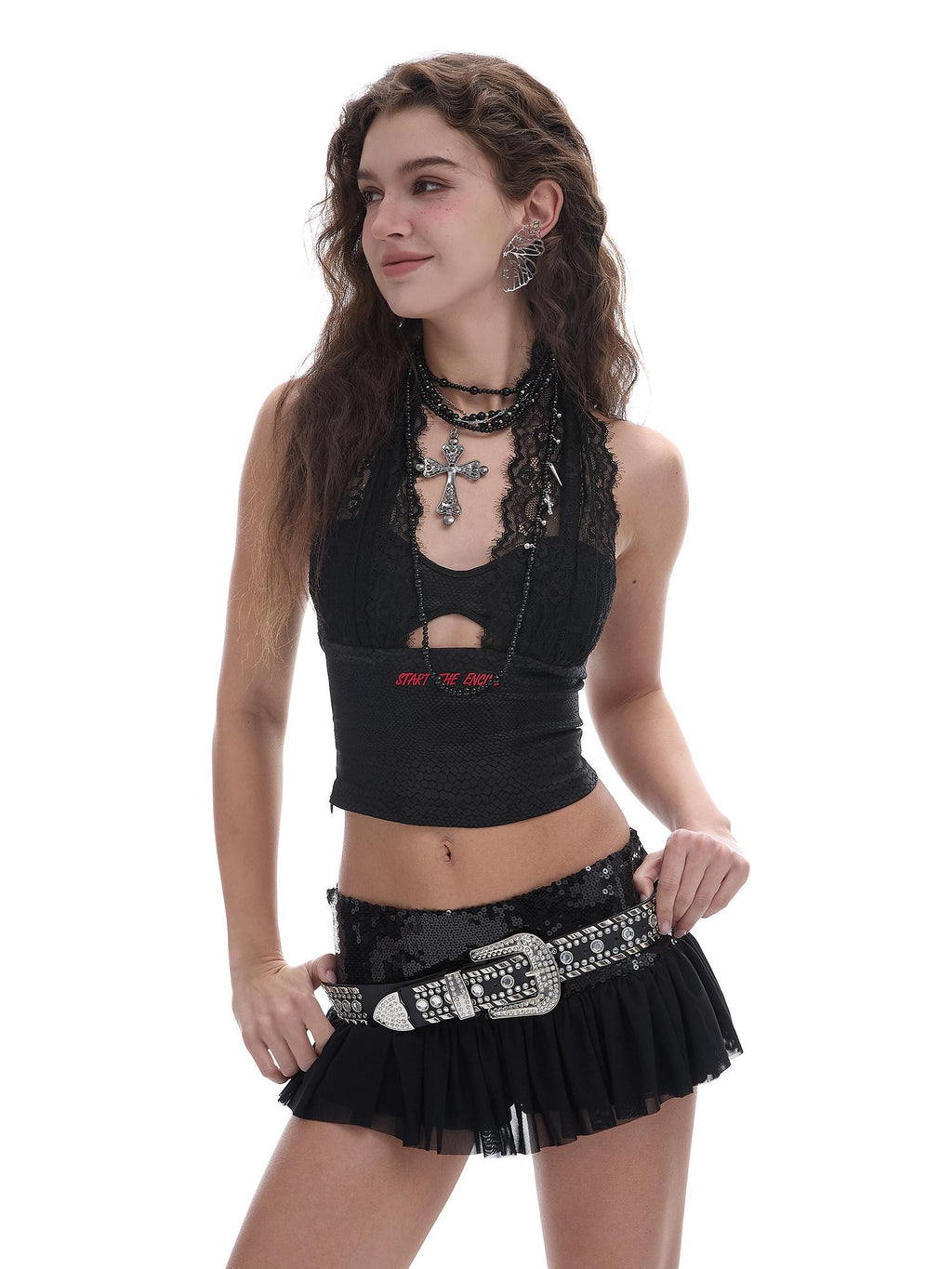 START THE ENGINE Snake Print Halter Deep V Cutout Back Women's Lace Tank Tops