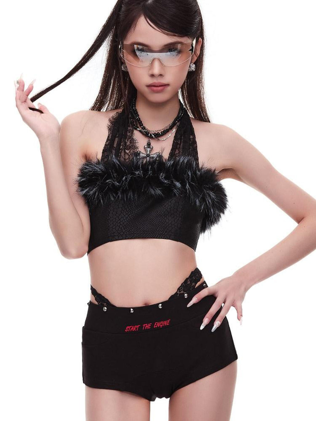START THE ENGINE Snakeskin Lace Splice Zipper Crop Slim Fit Women's Halter Tops
