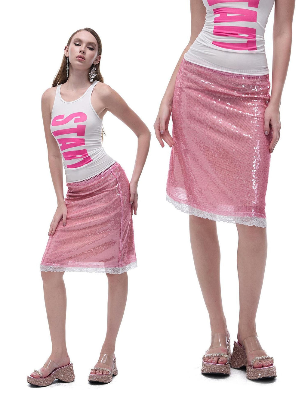 START THE ENGINE Sparkling Sequin Sheer Lace Trim Low Rise Straight Women's Lace Midi Skirts